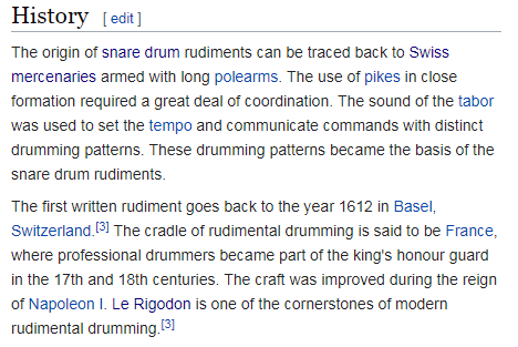 This is the incorrect history of the Snare Drum Rudiments on Wikipedia - Read more to find out the correct history